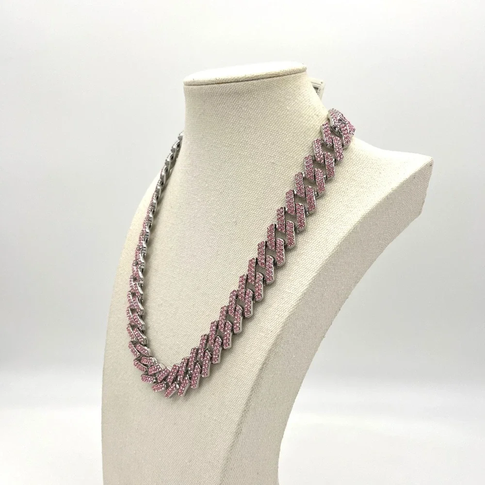 Invicta Pink Crystal Iced Out Cuban Link Chain Necklace Silver Tone 22 Inch‎